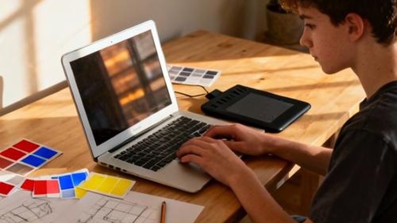 Young design student working on graphic design project with multiple tools and devices on desk