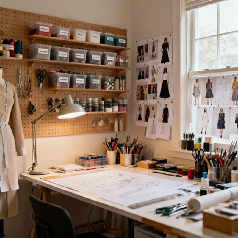 Organized fashion design workspace with tools and materials