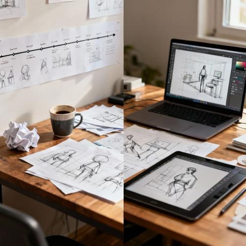 Split screen comparison showing traditional design process versus AI-assisted design workflow
