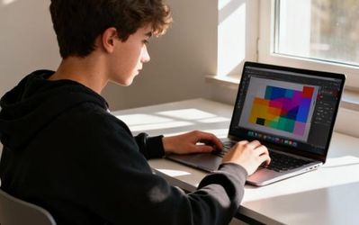 Student working with design tools online on laptop at modern workspace