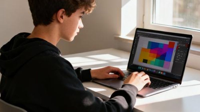 Student working with design tools online on laptop at modern workspace