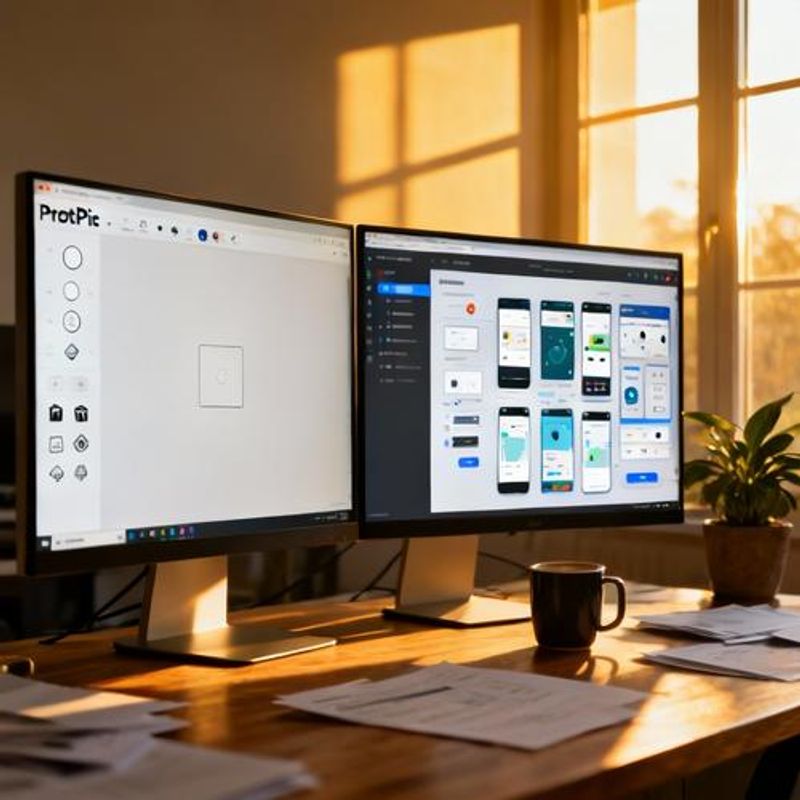 Split screen showing simple vs complex ProtoPie prototypes side by side
