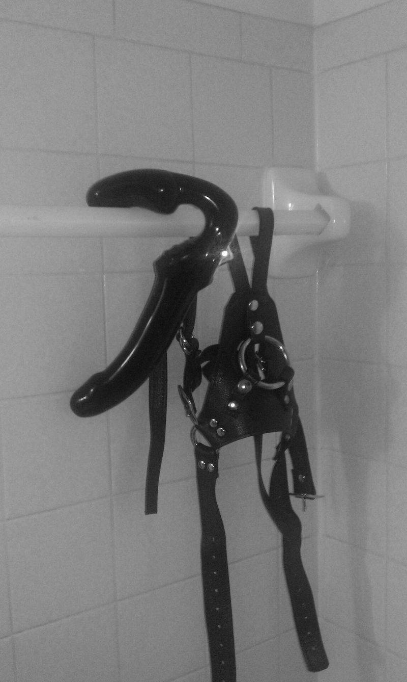 Безремневой страпон висит рядом со сбруей с О кольцом