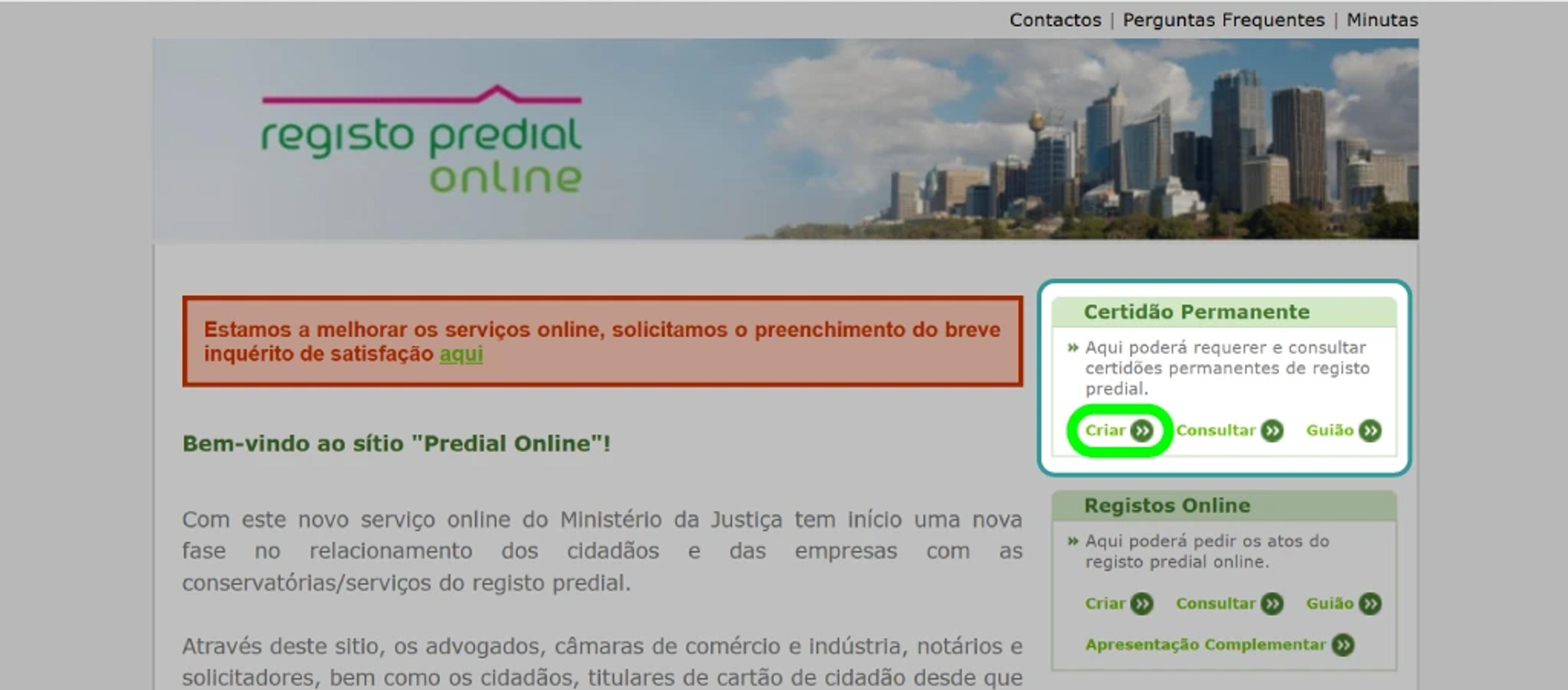 Predial Online: segundo passo - clicar em criar