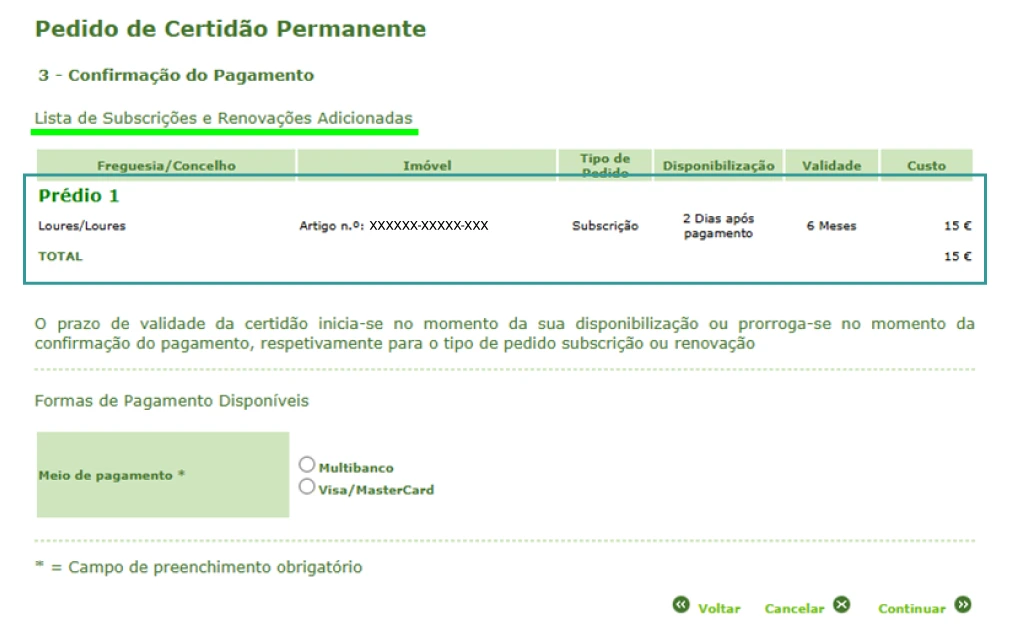 Certidão Predial: quinto passo - pagamento