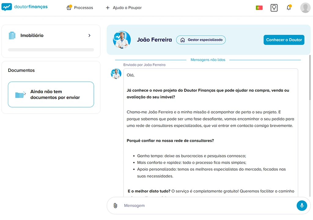 Processo de venda de casa no Doutor Finanças - chat
