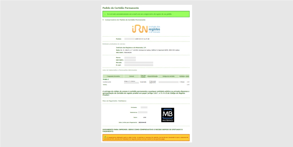 Formulário Certidão Permanente: Dados para pagemento