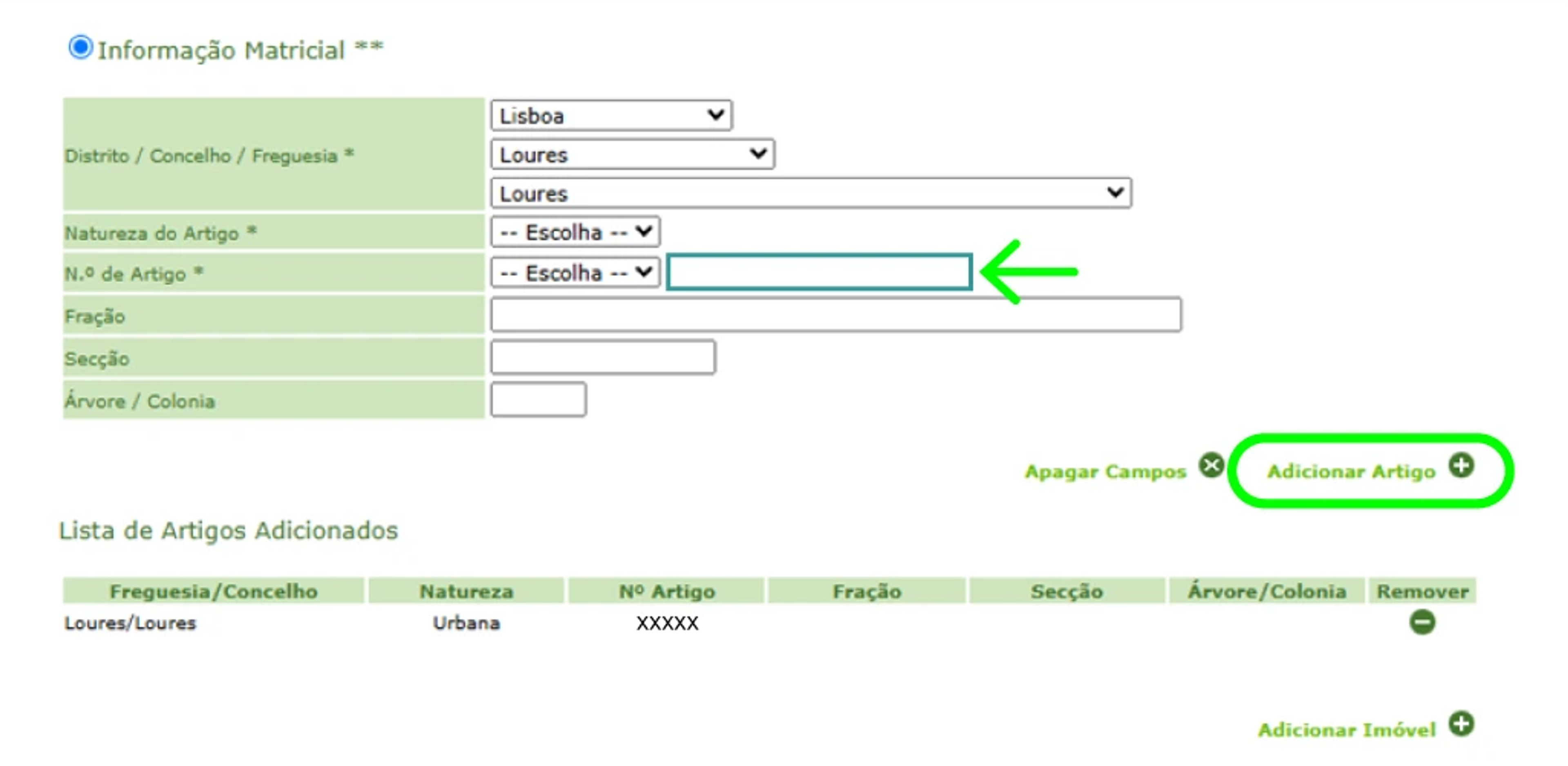 Certidão Predial: quarto passo - adicionar artigo
