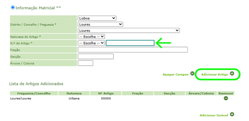 Certidão Predial: quarto passo - adicionar artigo