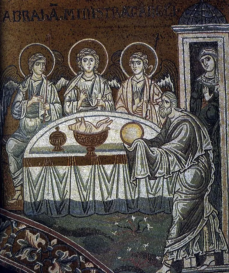 "Abraham and Holy Trinity" (angelic visitors at Mamre). Byzantine mosaic in Monreale. (Wikimedia Commons)