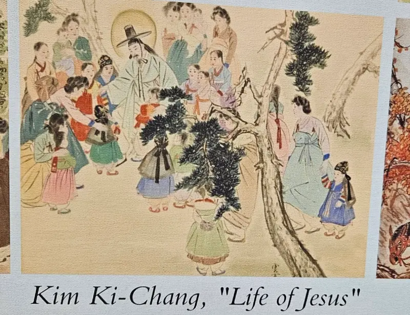 A Korean Jesus welcoming children. Jesus is wearing a Joseon-era scholar's hat.