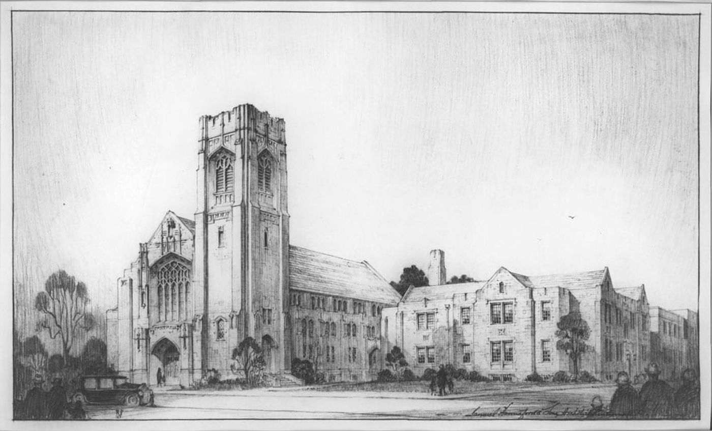 Samuel Hannaford and Sons’ original rendering of the church, drawn in 1927: the tower on the corner and the long limestone wings, a car of the period parked out front.