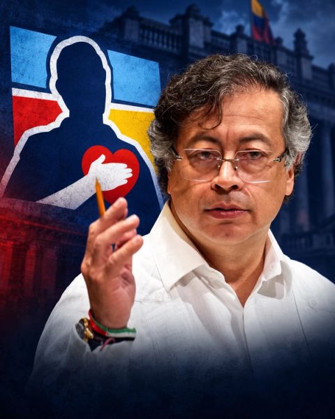Fotomontaje editorial de Gustavo Petro junto al símbolo del Centro Democrático.