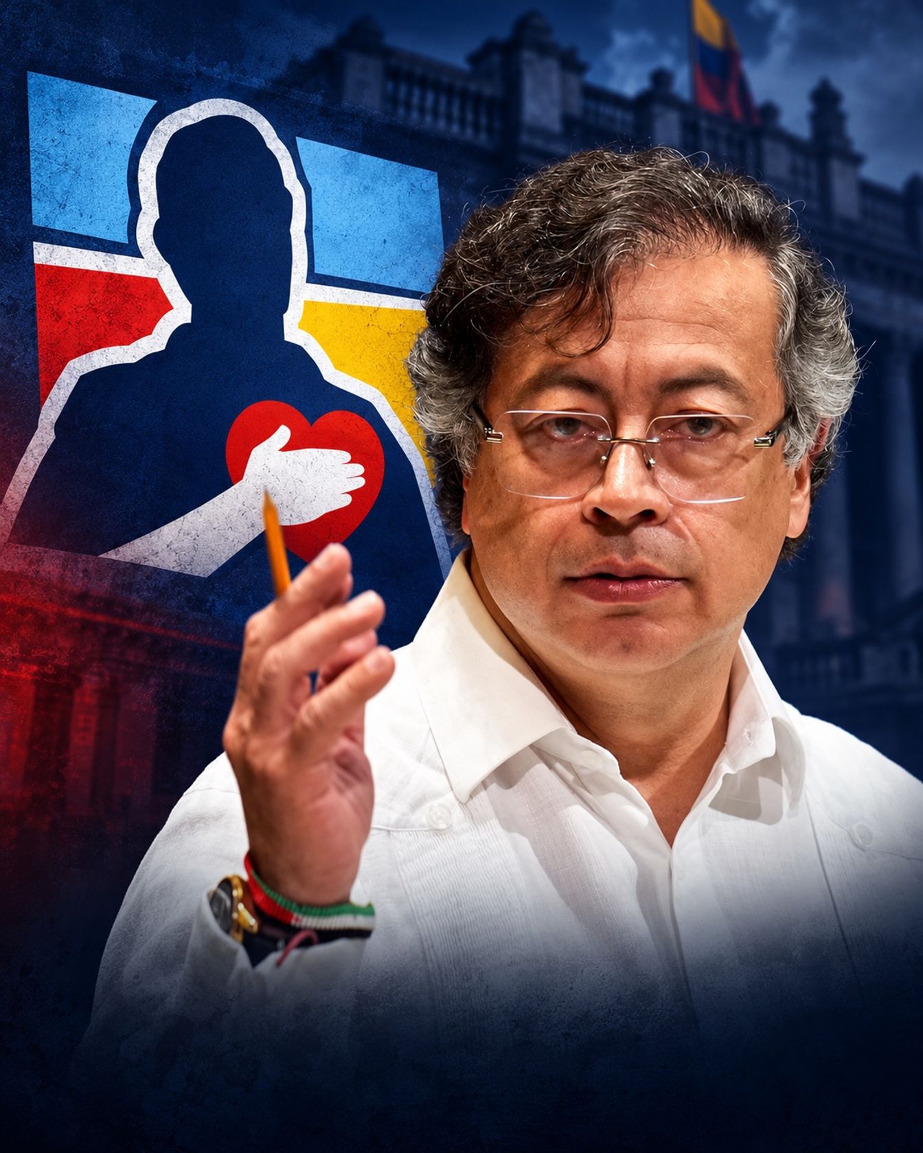 Fotomontaje editorial de Gustavo Petro junto al símbolo del Centro Democrático.