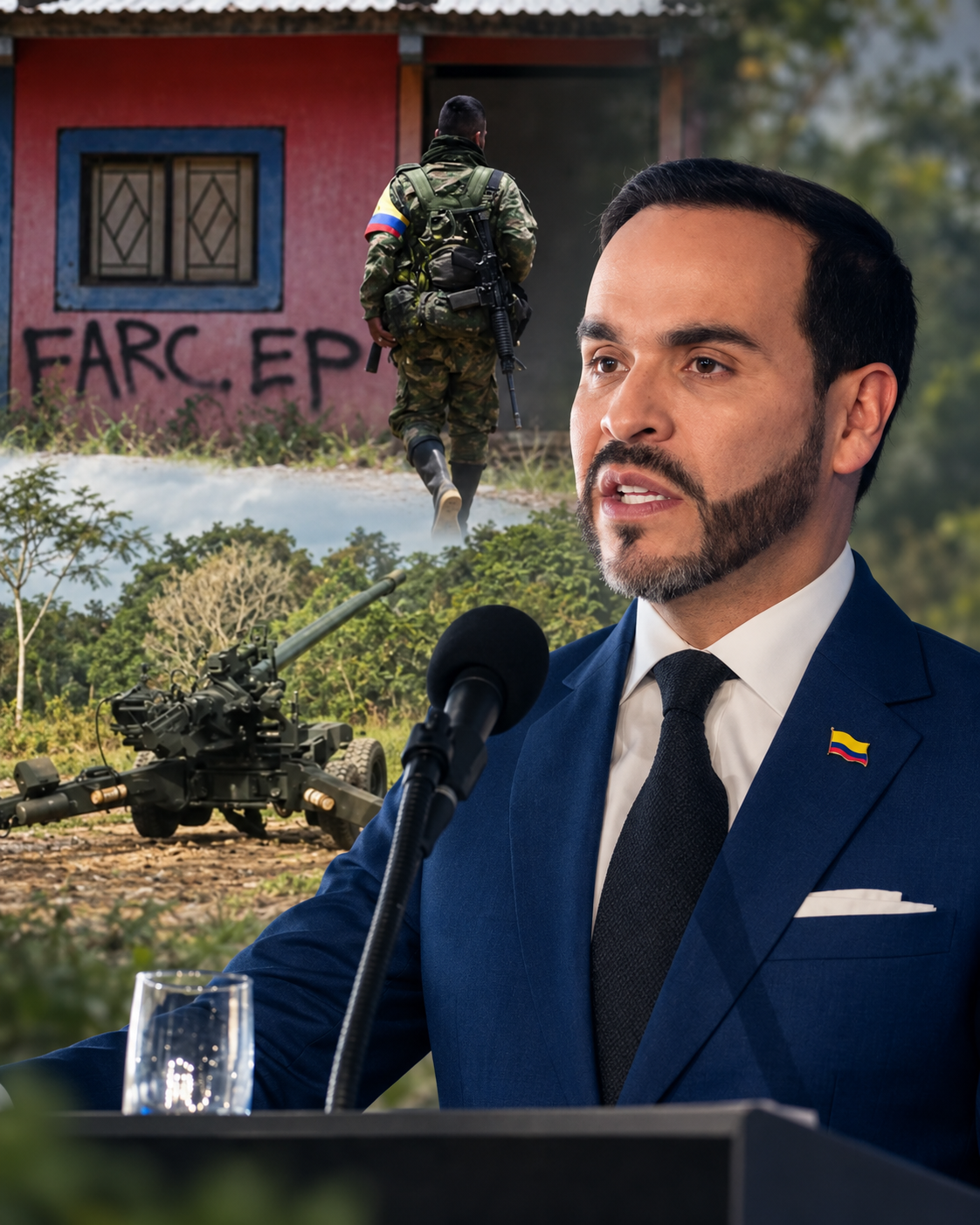 Composición editorial de Abelardo de la Espriella, un militar y una pieza de artillería.