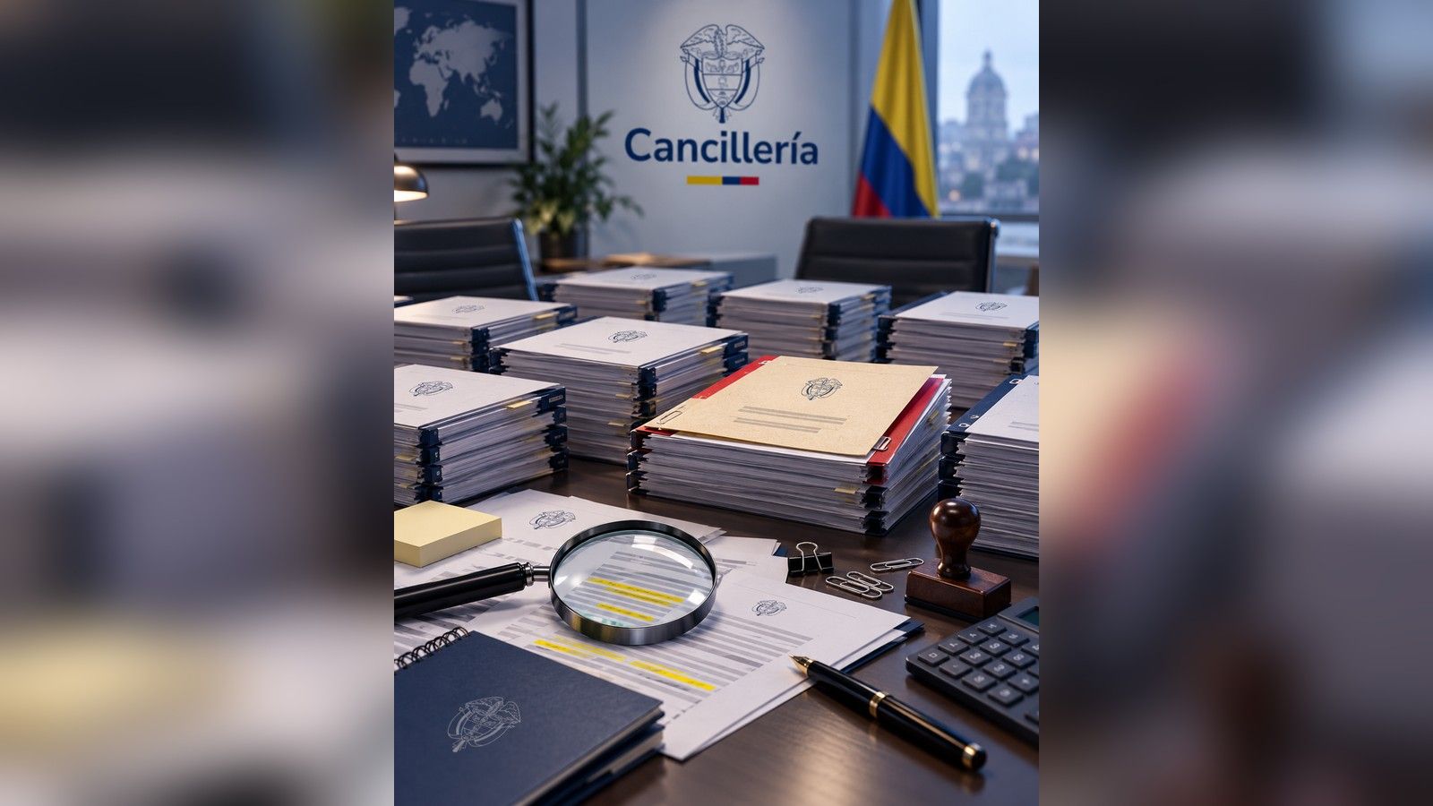 Representación gráfica sin personas de expedientes contractuales y una lupa sobre una mesa de la Cancillería colombiana.