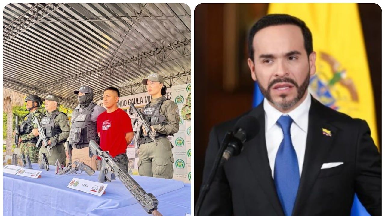 Composición: uniformados presentan un capturado y armas incautadas; a la derecha, el presidente Abelardo de la Espriella.