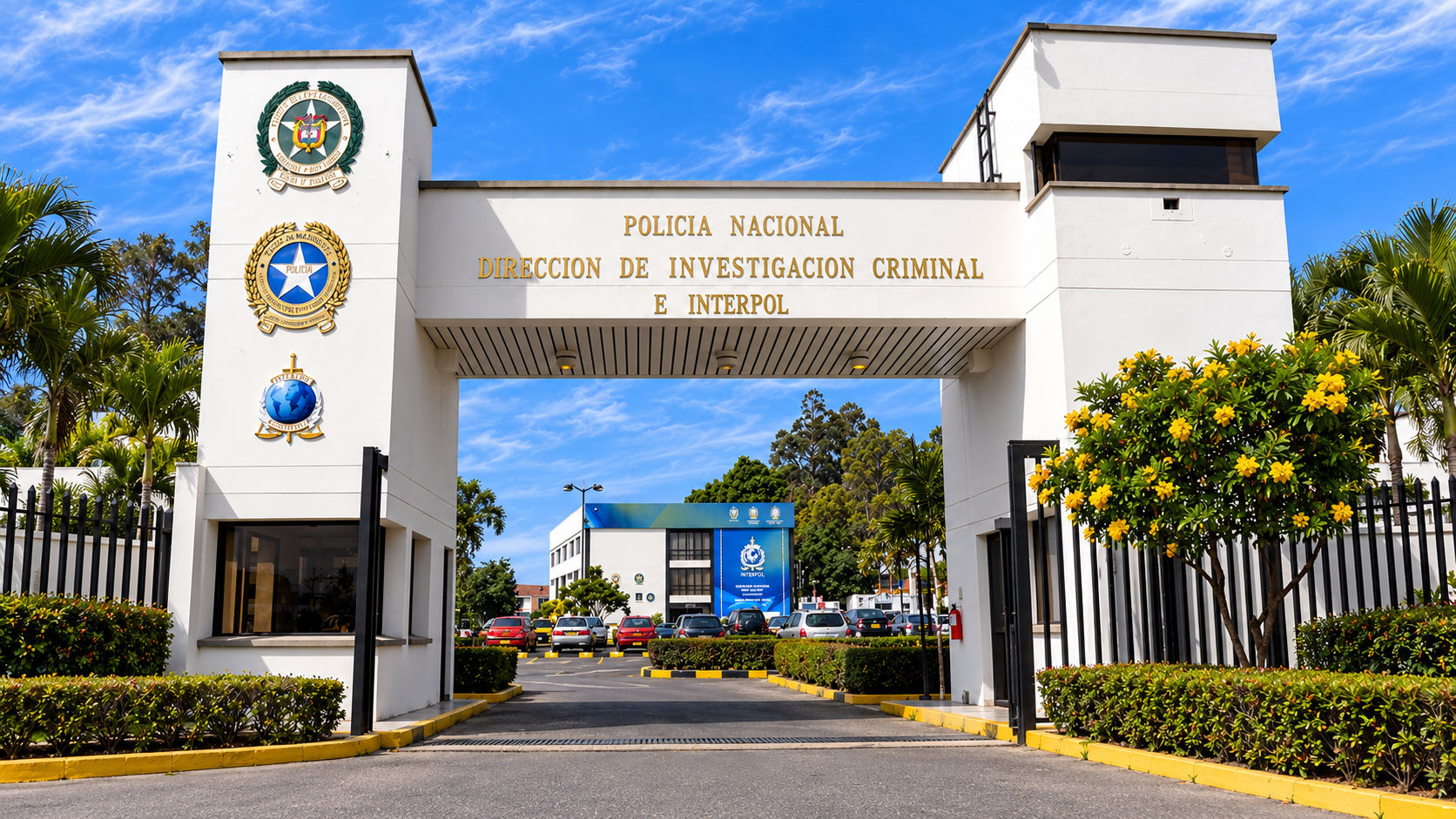 Fachada con el nombre de la Dirección de Investigación Criminal e Interpol y emblemas de la Policía Nacional