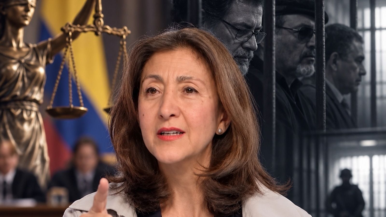 Composición editorial ilustrativa de Ingrid Betancourt frente a un atril, con una balanza de justicia y rejas en el fondo.