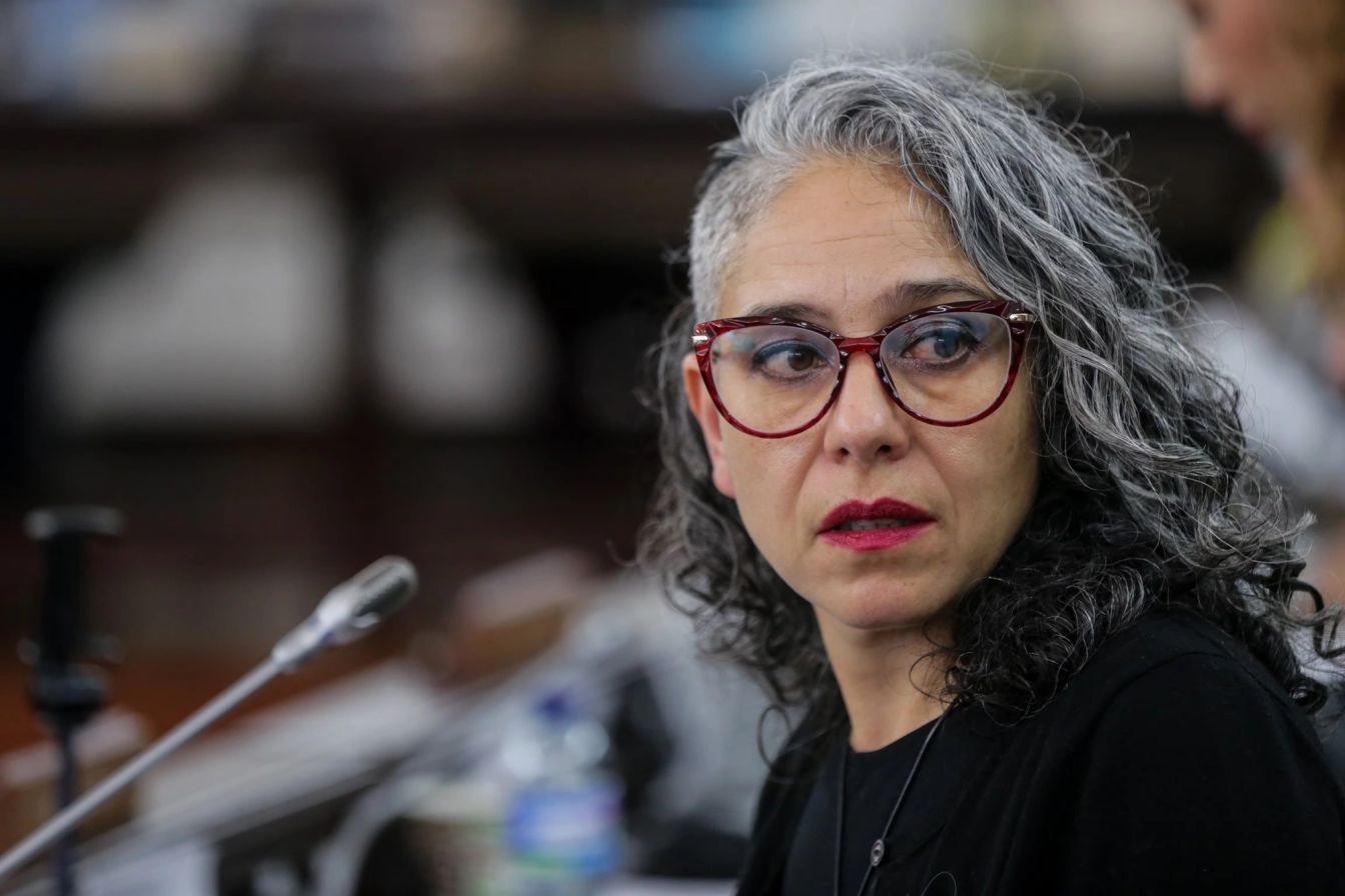 María José Pizarro sentada junto a un micrófono en un recinto legislativo.