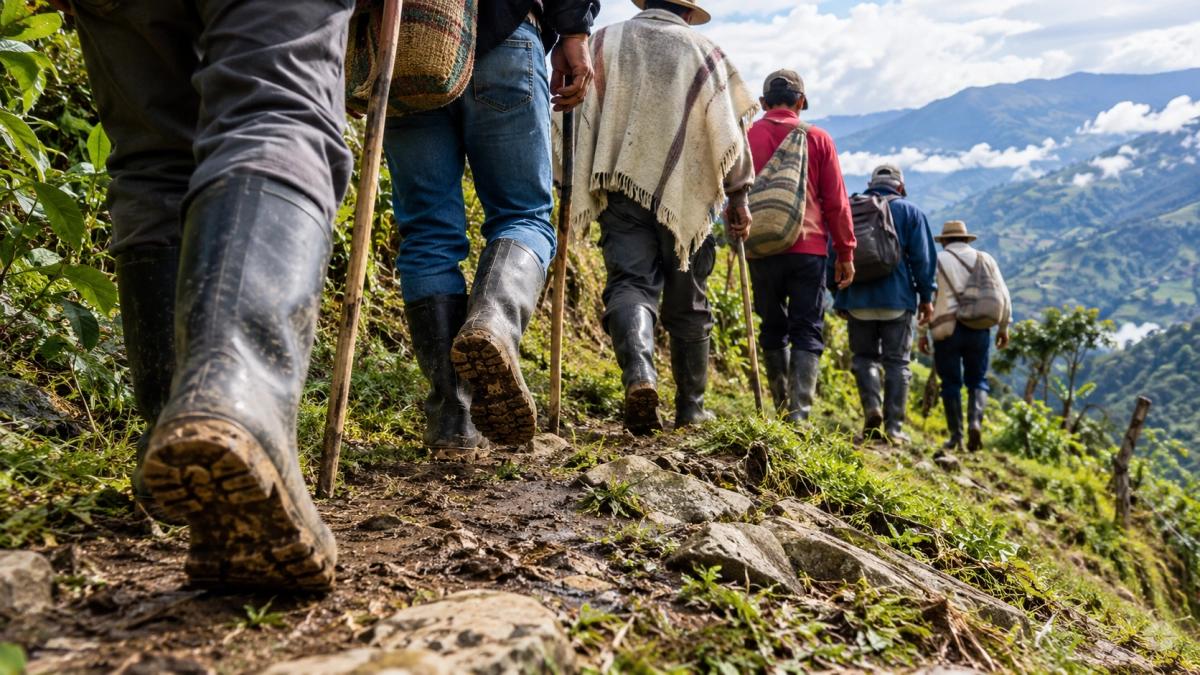 Un grupo de personas camina por un sendero de montaña en el Cauca.