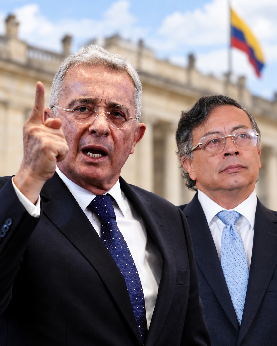 Montaje editorial de Álvaro Uribe y Gustavo Petro frente a arquitectura institucional colombiana.