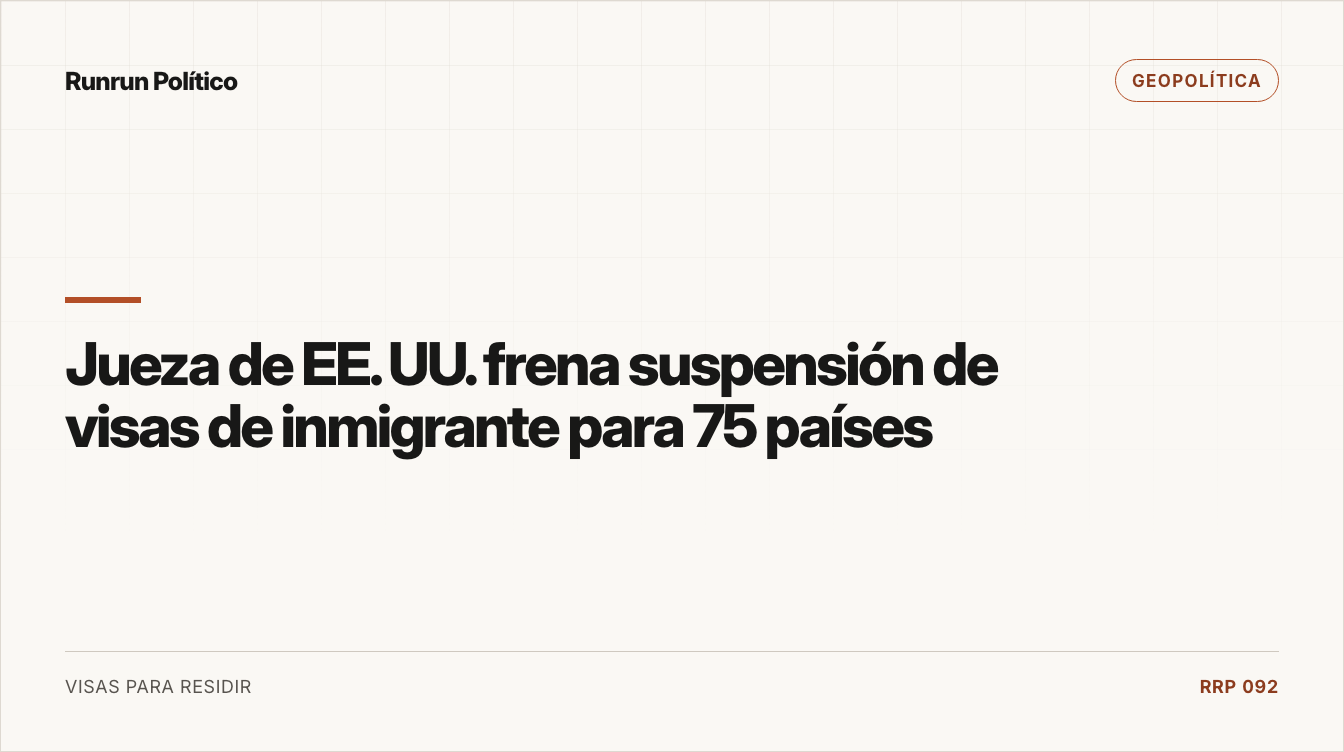 Portada editorial de Geopolítica para la nota “Jueza de EE. UU. frena suspensión de visas de inmigrante para 75 países”.