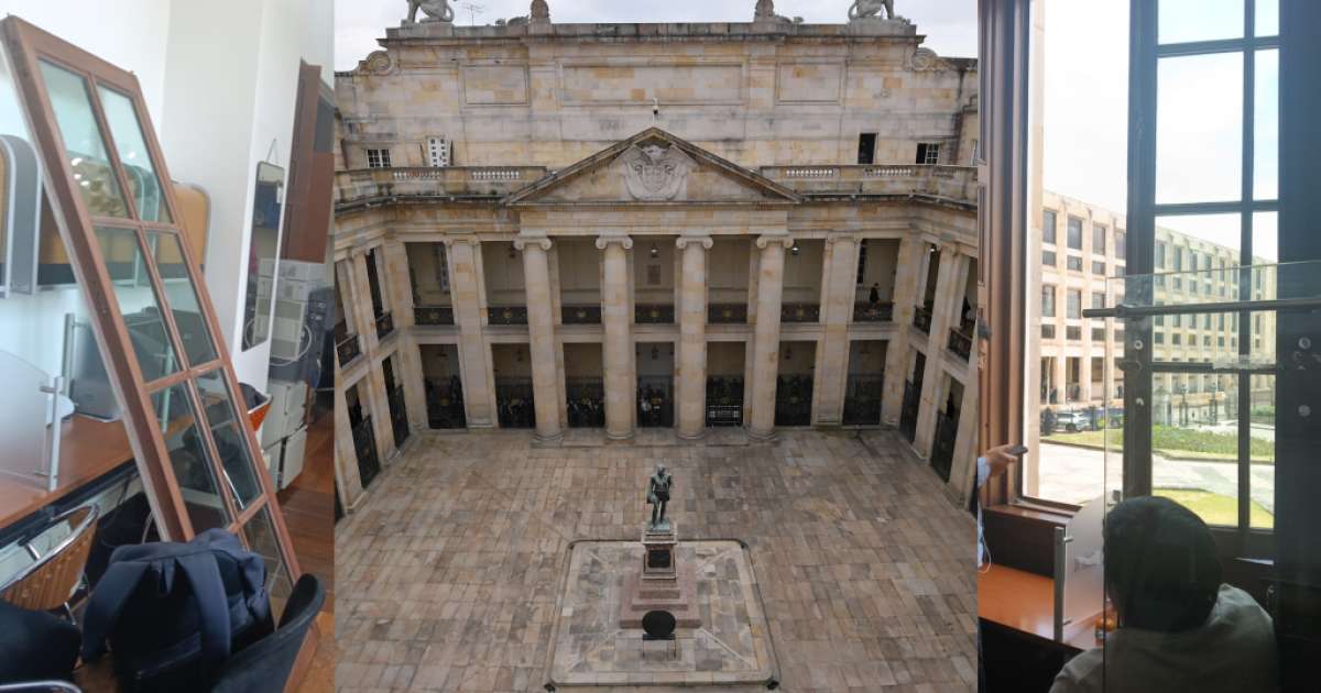Ventana desprendida en la oficina de prensa del Congreso y vista del patio interior del Capitolio Nacional.