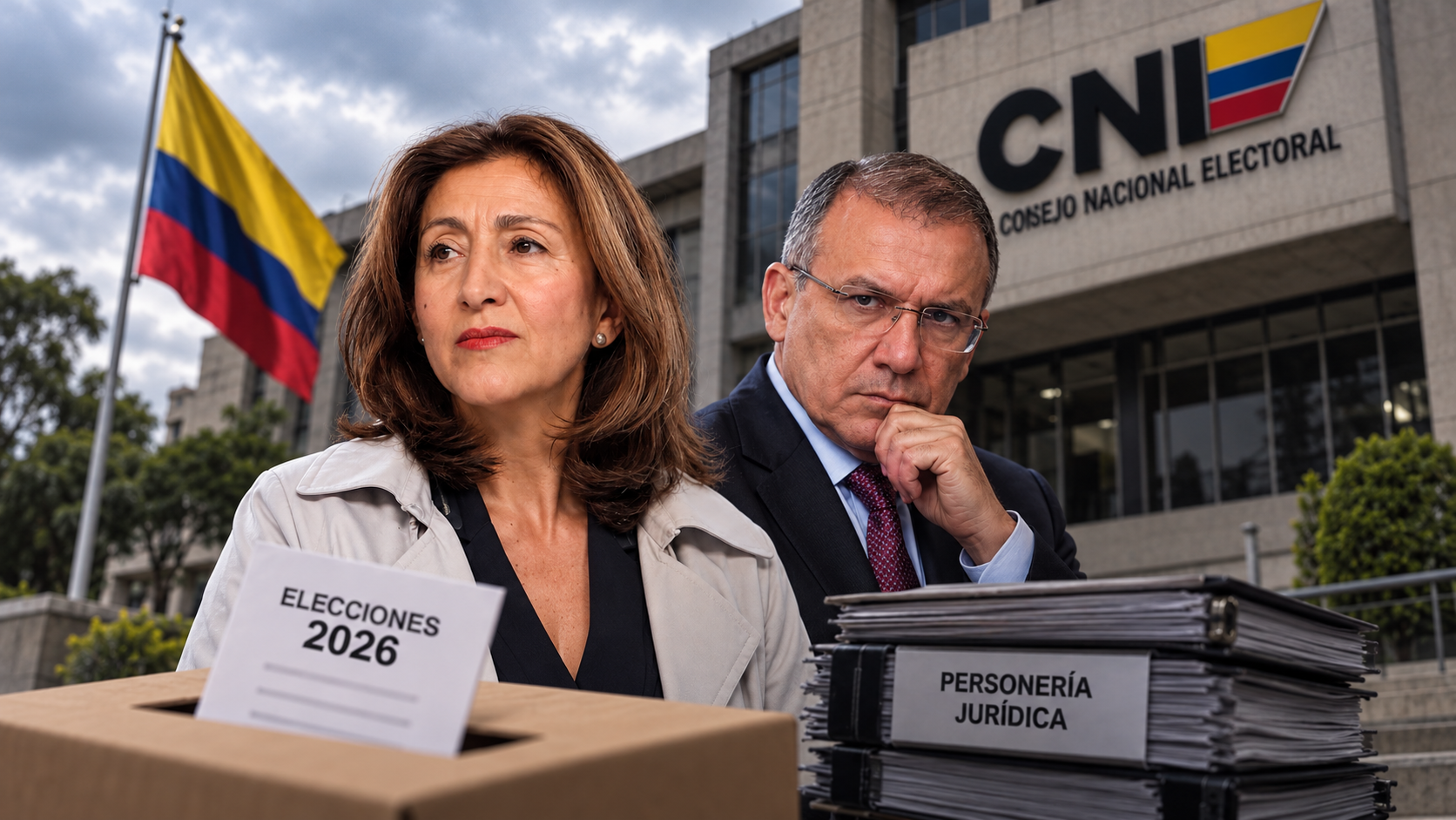 Composición editorial ilustrativa de Ingrid Betancourt y Roy Barreras frente al Consejo Nacional Electoral, con urna y expedientes de personería jurídica.