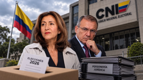Composición editorial ilustrativa de Ingrid Betancourt y Roy Barreras frente al Consejo Nacional Electoral, con urna y expedientes de personería jurídica.