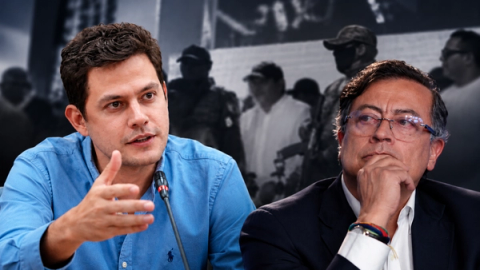 Composición editorial de Manuel Villa y Gustavo Petro con figuras desenfocadas al fondo