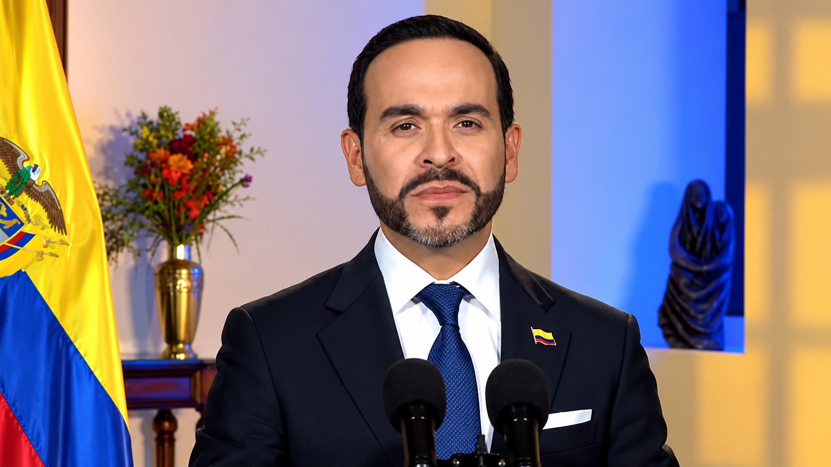 El presidente Abelardo De La Espriella habla frente a dos micrófonos durante una alocución. 