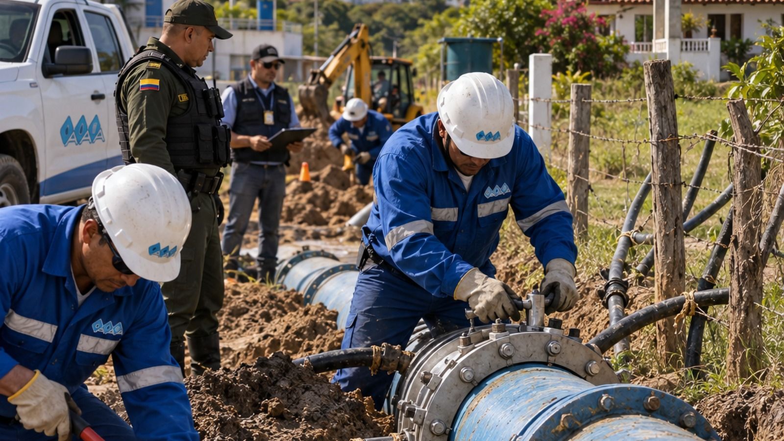 Ilustración editorial de operarios de Triple A interviniendo tuberías y conexiones clandestinas de agua en una zona rural del Atlántico.