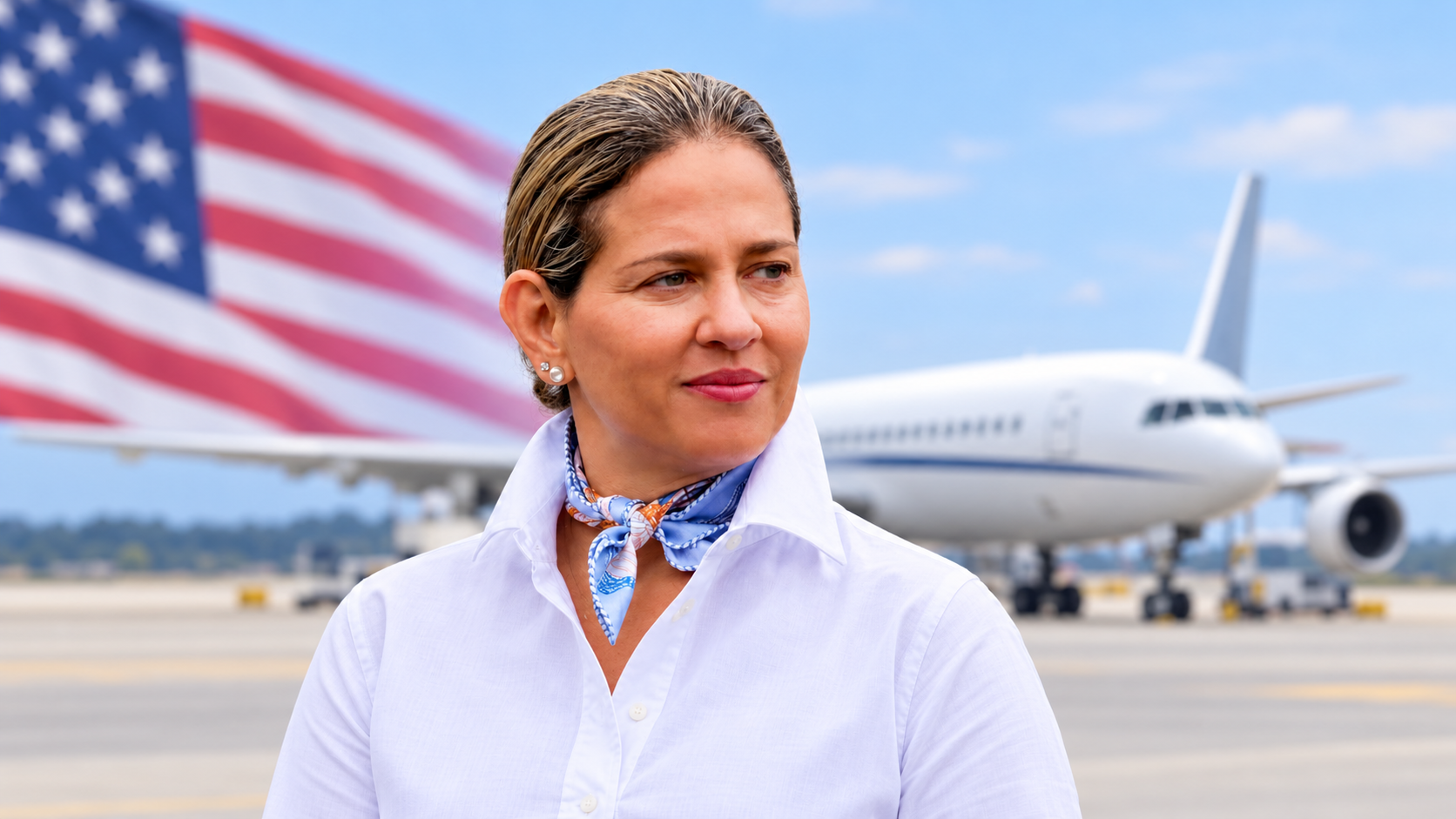 Composición editorial de Verónica Alcocer con un avión y la bandera de Estados Unidos al fondo.