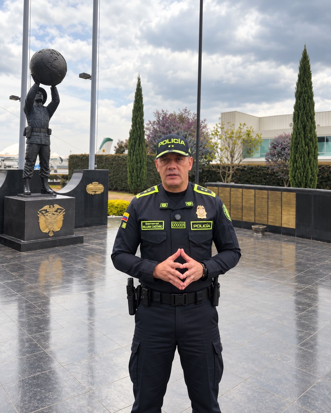 Imagen ampliada con IA del general William Castaño, uniformado, frente a un monumento de la Policía.