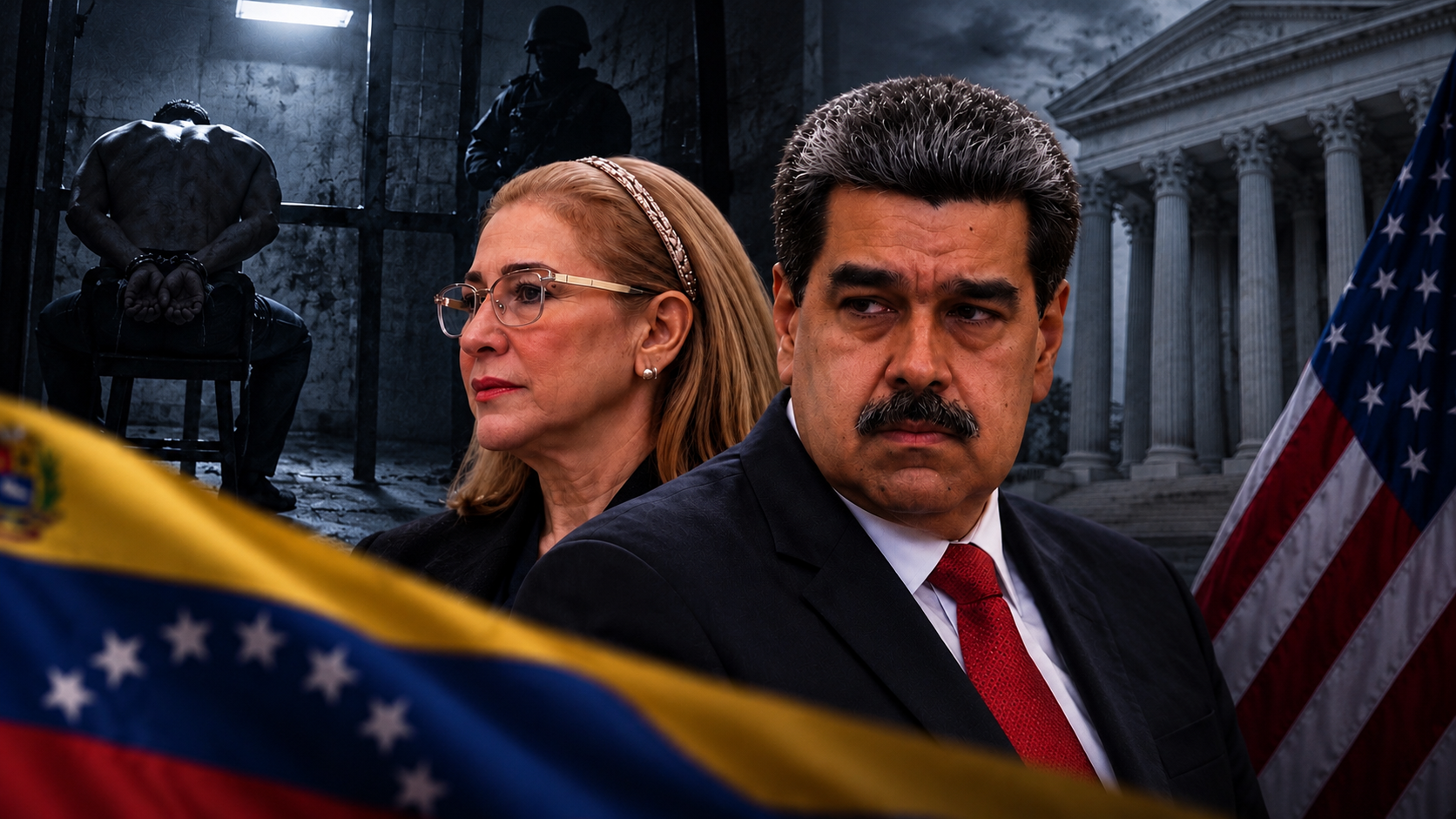 Montaje editorial de Nicolás Maduro y Cilia Flores frente a un tribunal estadounidense y una escena simbólica de detención