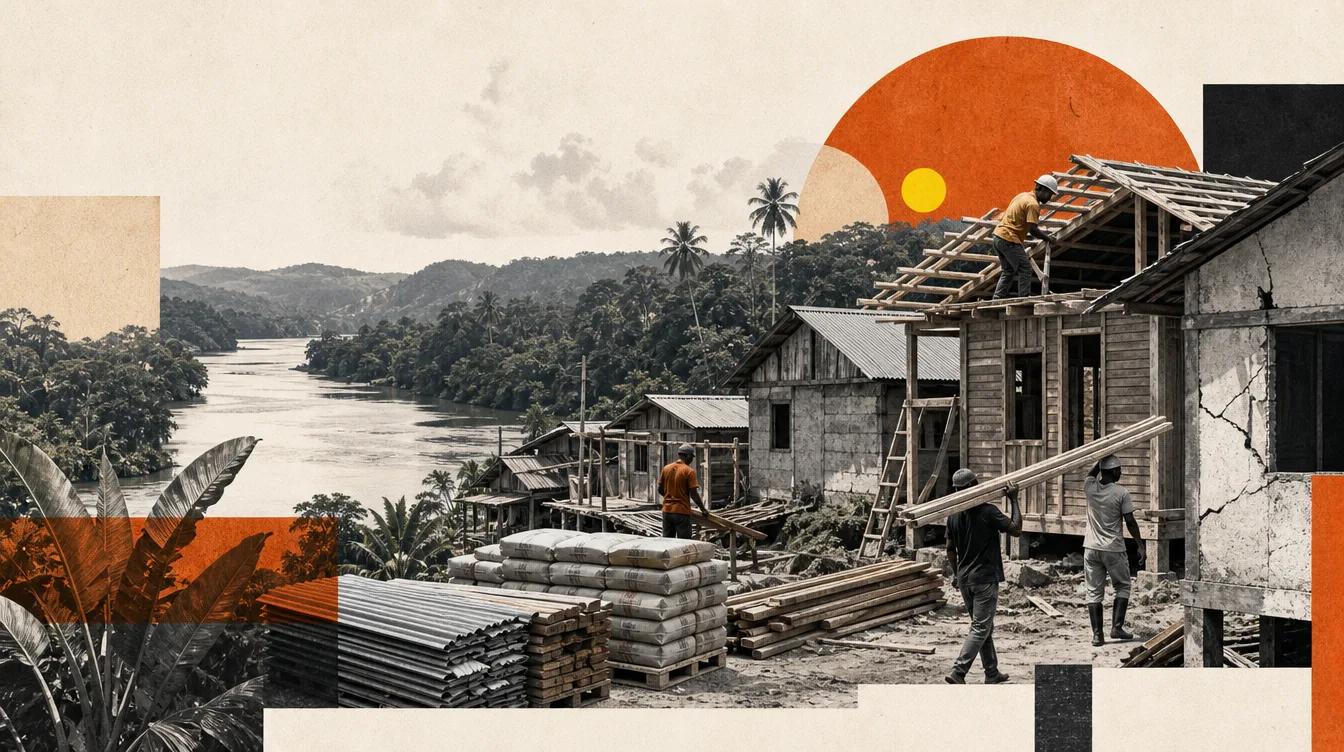 Ilustración editorial de trabajadores reparando viviendas junto a un río y vegetación del Chocó.