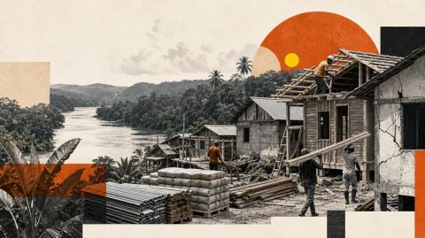 Ilustración editorial de trabajadores reparando viviendas junto a un río y vegetación del Chocó.