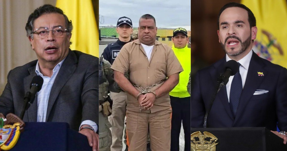 Composición con Gustavo Petro, alias Araña custodiado y el presidente Abelardo de la Espriella.