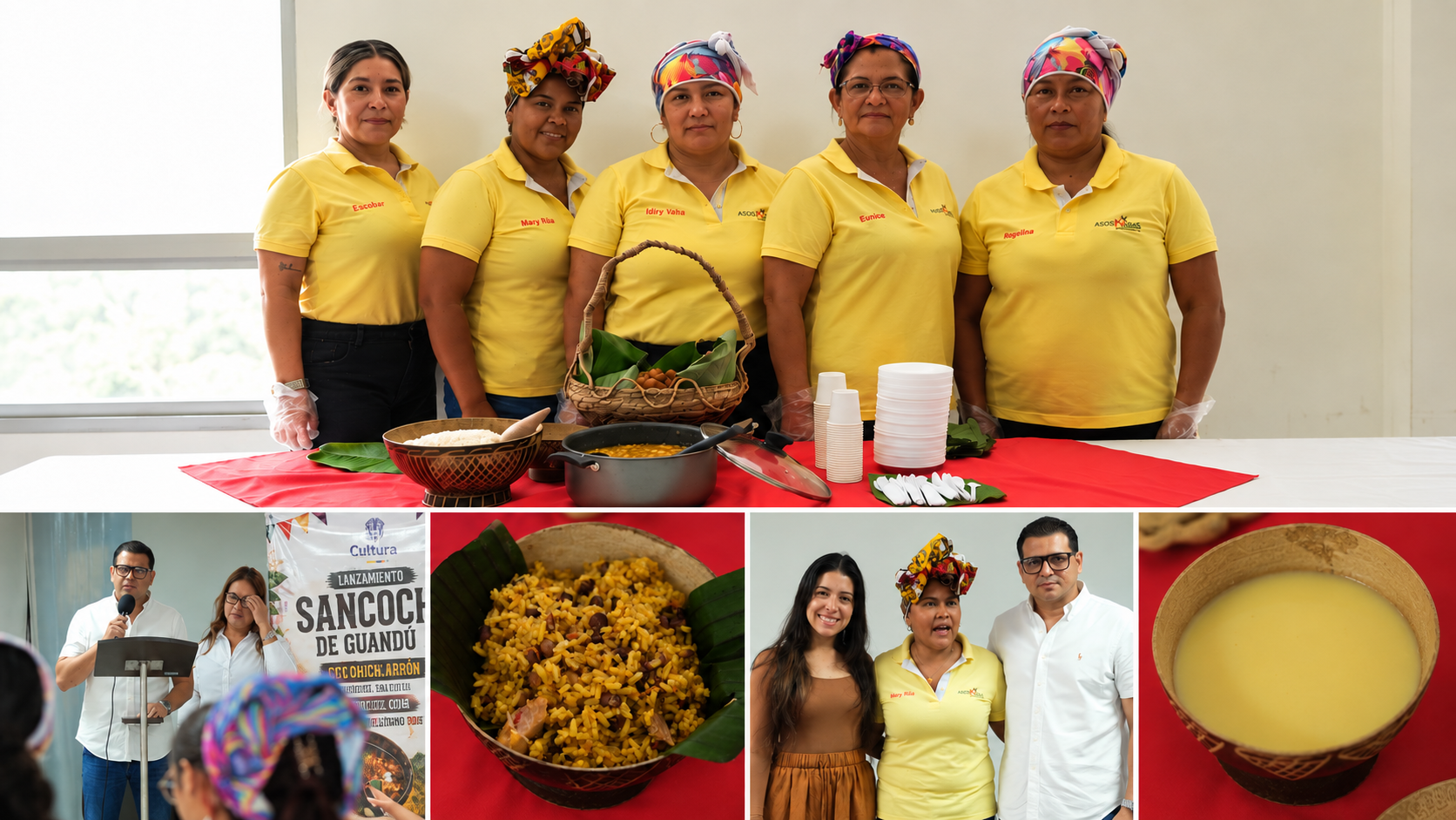 Mujeres campesinas y sabedoras de Sibarco durante el lanzamiento del Festival del Sancocho de Guandú Seco con Chicharrón, acompañadas de muestras de la gastronomía tradicional.
