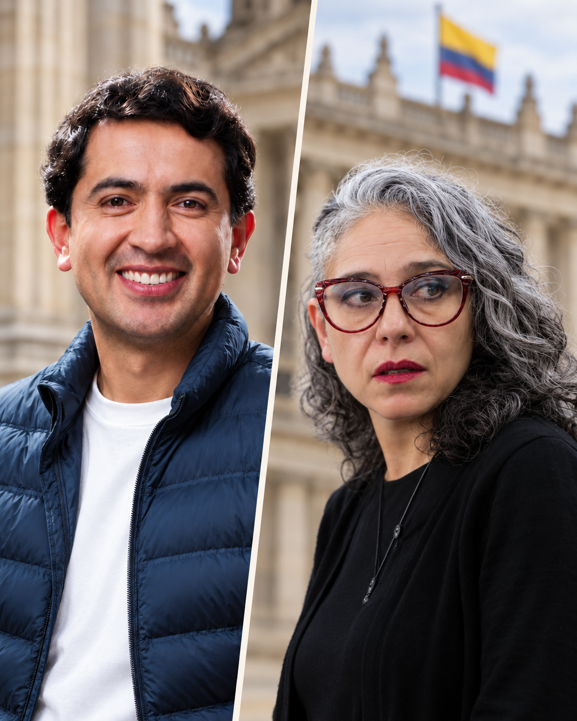 Composición editorial con Daniel Briceño a la izquierda y María José Pizarro con gafas rojas a la derecha.
