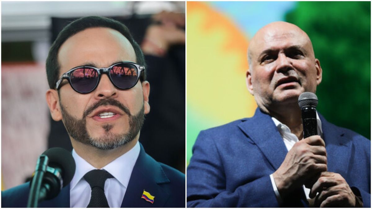 Composición: el presidente Abelardo de la Espriella y Salvatore Mancuso hablando con un micrófono.