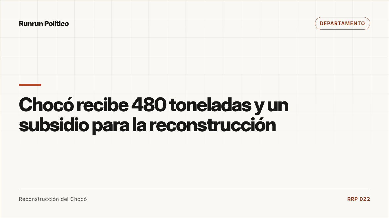 Portada editorial de Departamento para la nota “Chocó recibe 480 toneladas y un subsidio para la reconstrucción”.