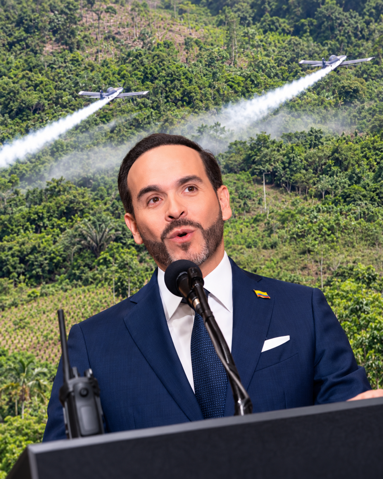 Composición editorial de Abelardo de la Espriella y aviones de fumigación sobre cultivos.