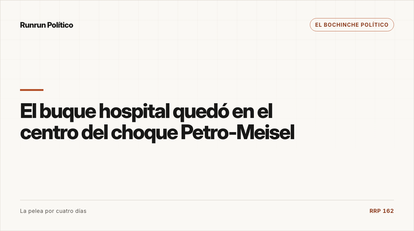 Portada editorial de El bochinche político para la nota “El buque hospital quedó en el centro del choque Petro-Meisel”.