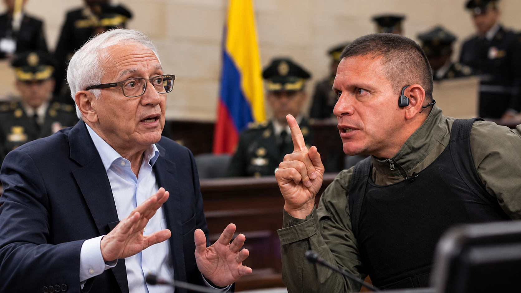 Composición editorial ilustrativa de Germán Rodríguez y Guillermo Alfonso Jaramillo durante una confrontación en el Congreso