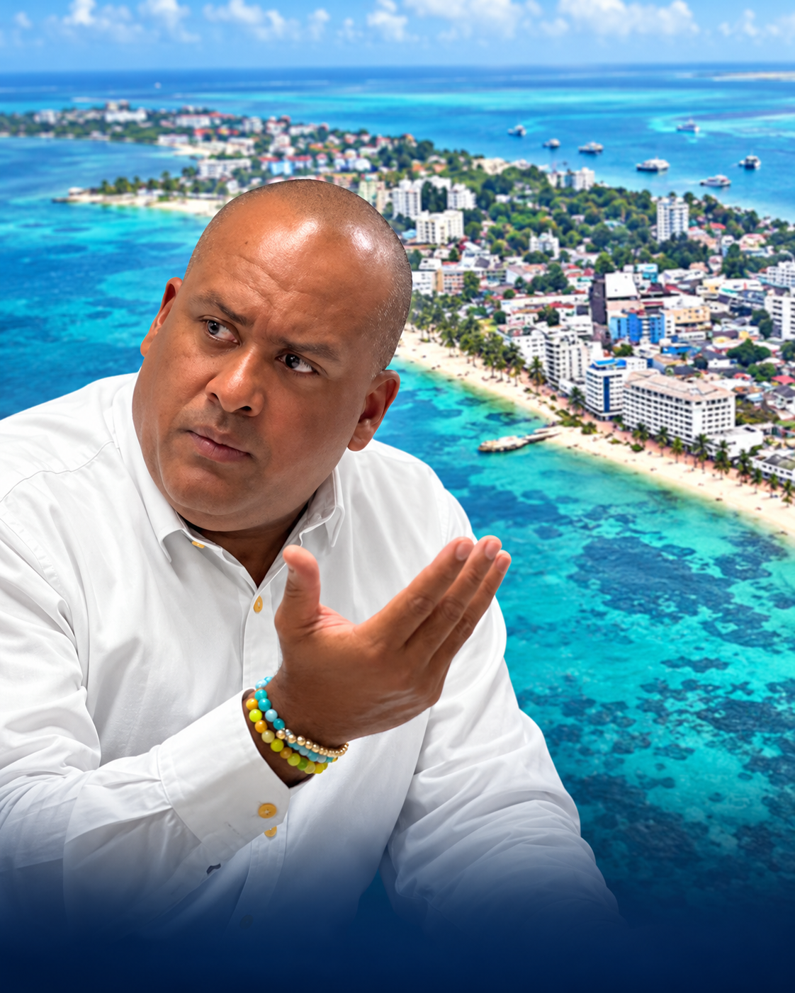 Fotomontaje editorial de Everth Hawkins sobre una vista de San Andrés.