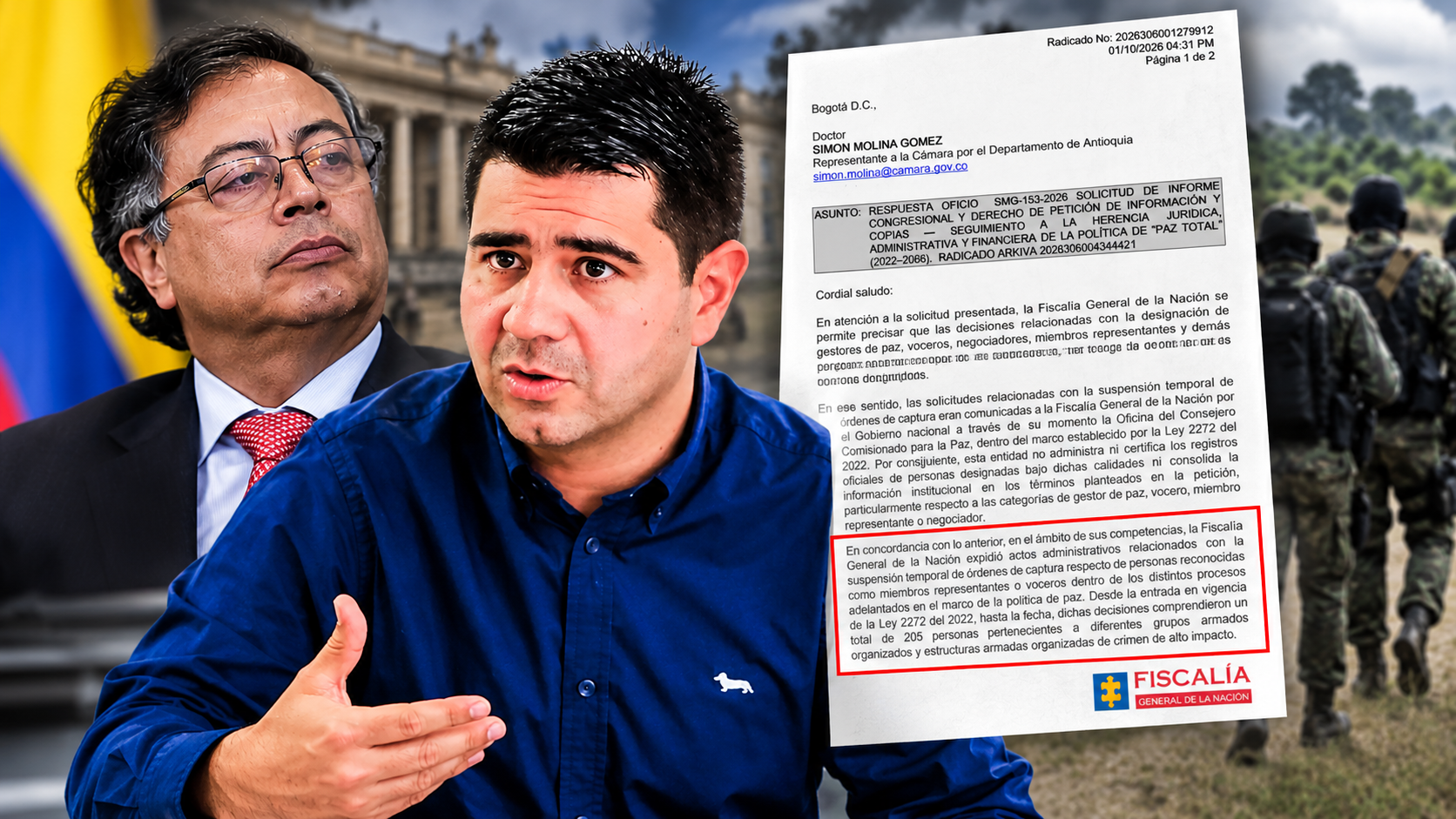 Simón Molina Gómez, primer vicepresidente de la Cámara de Representantes, cuestionó la suspensión de órdenes de captura para 205 personas durante la implementación de la Paz Total.