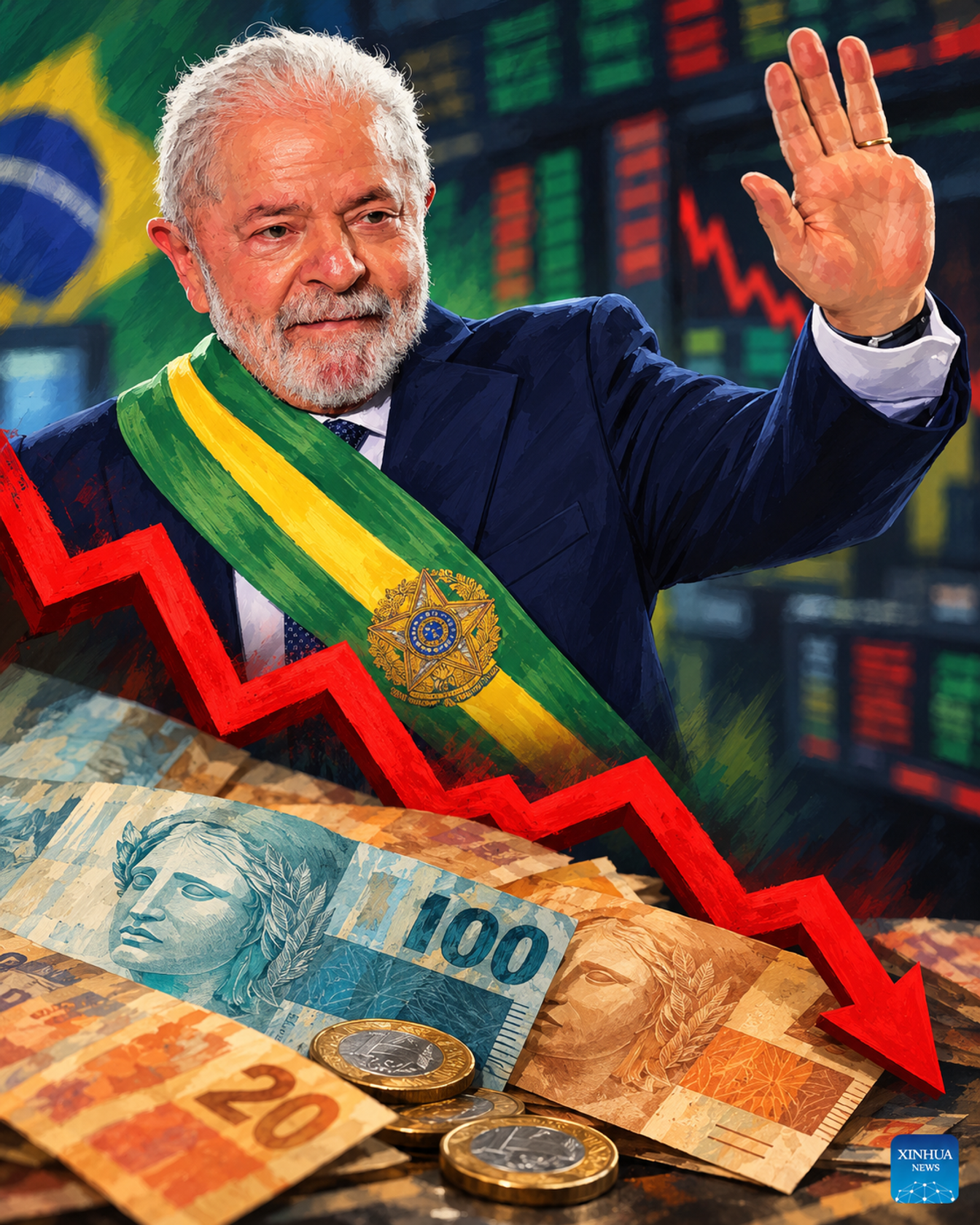 Ilustración editorial de Lula junto a billetes de reales y una flecha descendente.