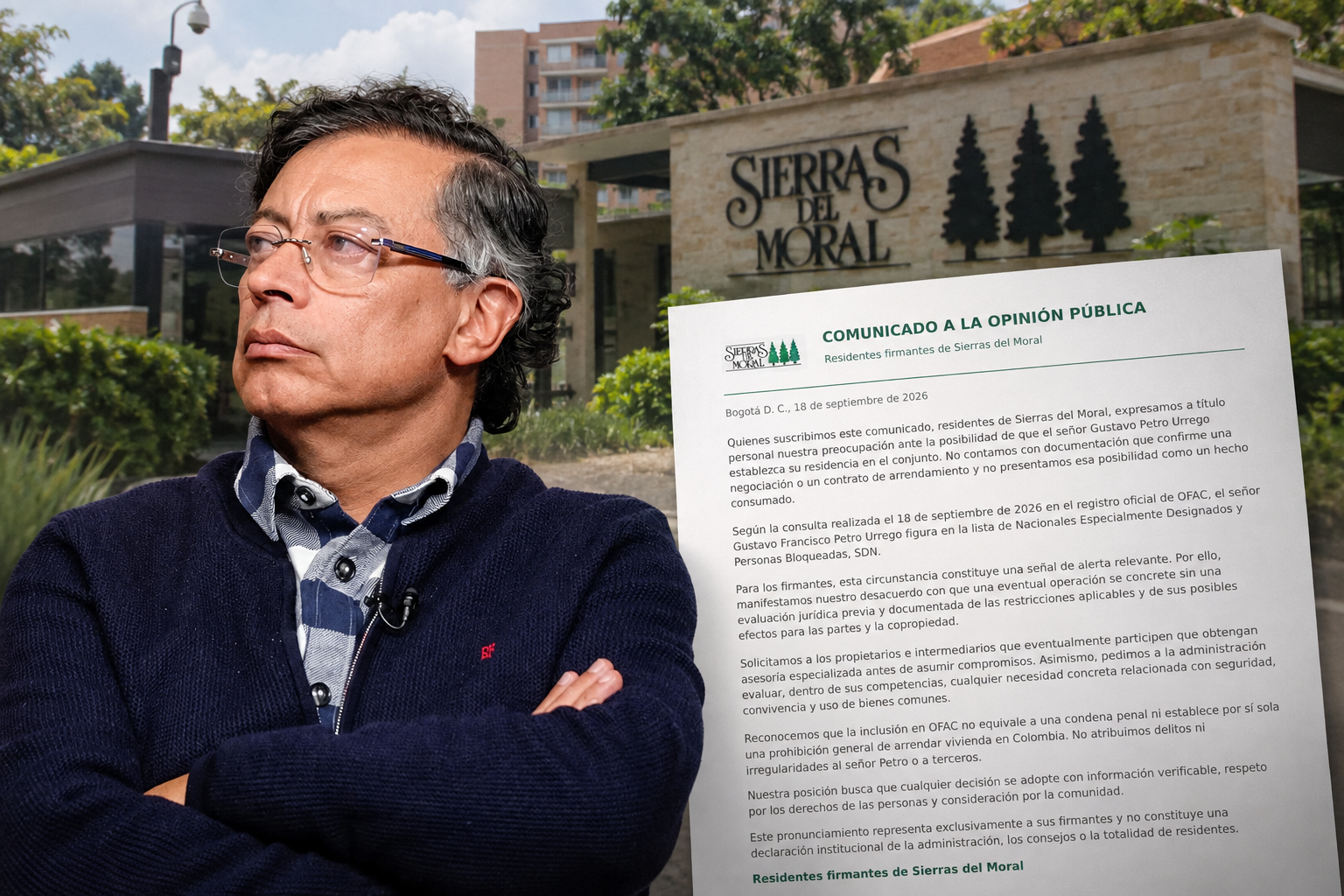 Residentes del conjunto Sierras del Moral, en Bogotá, pidieron una revisión jurídica ante la posibilidad de que el expresidente Gustavo Petro llegue a vivir al sector.